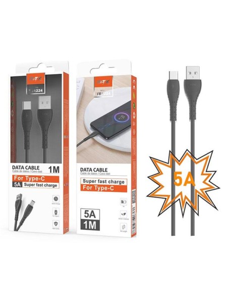 Cable datos USB 2.0 a Type-C / 1m / 5a / Carga rapida / Butter TB1224 / Negro / Mtk